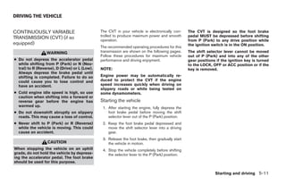 DRIVING THE VEHICLE


CONTINUOUSLY VARIABLE                           The CVT in your vehicle is electronically con-     The CVT is designed so the foot brake
                                                trolled to produce maximum power and smooth        pedal MUST be depressed before shifting
TRANSMISSION (CVT) (if so                       operation.                                         from P (Park) to any drive position while
equipped)                                                                                          the ignition switch is in the ON position.
                                                The recommended operating procedures for this
                  WARNING                       transmission are shown on the following pages.     The shift selector lever cannot be moved
                                                Follow these procedures for maximum vehicle        out of P (Park) and into any of the other
● Do not depress the accelerator pedal          performance and driving enjoyment.                 gear positions if the ignition key is turned
  while shifting from P (Park) or N (Neu-                                                          to the LOCK, OFF or ACC position or if the
  tral) to R (Reverse), D (Drive) or L (Low).   NOTE:                                              key is removed.
  Always depress the brake pedal until
  shifting is completed. Failure to do so       Engine power may be automatically re-
  could cause you to lose control and           duced to protect the CVT if the engine
  have an accident.                             speed increases quickly when driving on
                                                slippery roads or while being tested on
● Cold engine idle speed is high, so use        some dynamometers.
  caution when shifting into a forward or
  reverse gear before the engine has            Starting the vehicle
  warmed up.                                     1. After starting the engine, fully depress the
● Do not downshift abruptly on slippery             foot brake pedal before moving the shift
  roads. This may cause a loss of control.          selector lever out of the P (Park) position.
● Never shift to P (Park) or R (Reverse)         2. Keep the foot brake pedal depressed and
  while the vehicle is moving. This could           move the shift selector lever into a driving
  cause an accident.                                gear.
                                                 3. Release the foot brake, then gradually start
                   CAUTION                          the vehicle in motion.
When stopping the vehicle on an uphill           4. Stop the vehicle completely before shifting
grade, do not hold the vehicle by depress-          the selector lever to the P (Park) position.
ing the accelerator pedal. The foot brake
should be used for this purpose.

                                                                                                                 Starting and driving 5-11
 