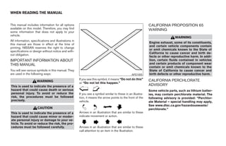 WHEN READING THE MANUAL


This manual includes information for all options                                                              CALIFORNIA PROPOSITION 65
available on this model. Therefore, you may find                                                              WARNING
some information that does not apply to your
vehicle.
                                                                                                                               WARNING
All information, specifications and illustrations in
                                                                                                              Engine exhaust, some of its constituents,
this manual are those in effect at the time of
                                                                                                              and certain vehicle components contain
printing. NISSAN reserves the right to change
                                                                                                              or emit chemicals known to the State of
specifications or design without notice and with-
                                                                                                              California to cause cancer and birth de-
out obligation.
                                                                                                              fects or other reproductive harm. In addi-
IMPORTANT INFORMATION ABOUT                                                                                   tion, certain fluids contained in vehicles
THIS MANUAL                                                                                                   and certain products of component wear
                                                                                                              contain or emit chemicals known to the
You will see various symbols in this manual. They                                                             State of California to cause cancer and
are used in the following ways:                                                                  APD1005      birth defects or other reproductive harm.
                                                       If you see this symbol, it means “Do not do this”      CALIFORNIA PERCHLORATE
                     WARNING
                                                       or “Do not let this happen.”
This is used to indicate the presence of a                                                                    ADVISORY
hazard that could cause death or serious                                                                      Some vehicle parts, such as lithium batter-
personal injury. To avoid or reduce the                If you see a symbol similar to these in an illustra-   ies, may contain perchlorate material. The
risk, the procedures must be followed                  tion, it means the arrow points to the front of the    following advisory is provided: “Perchlor-
precisely.                                             vehicle.                                               ate Material – special handling may apply,
                                                                                                              See www.dtsc.ca.gov/hazardouswaste/
                      CAUTION                                                                                 perchlorate.”
This is used to indicate the presence of a             Arrows in an illustration that are similar to these
hazard that could cause minor or moder-                indicate movement or action.
ate personal injury or damage to your ve-
hicle. To avoid or reduce the risk, the pro-
cedures must be followed carefully.                    Arrows in an illustration that are similar to these
                                                       call attention to an item in the illustration.
 