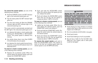 BREAK-IN SCHEDULE


To cancel the preset speed, use one of the            ● Push and hold the ACCEL/RES switch.
                                                                                                                         CAUTION
following three methods.                                When the vehicle attains the speed you de-
                                                        sire, release the switch.                    During the first 1,200 miles (2,000 km),
 ● Push the CANCEL button; the SET indicator                                                         follow these recommendations to obtain
   light in the instrument panel goes out.            ● Push and release the ACCEL/RES switch.       maximum engine performance and en-
                                                        Each time you do this, the set speed in-     sure the future reliability and economy of
 ● Tap the brake pedal; the SET indicator light         creases by about 1 MPH (1.6 km/h).
   goes out.                                                                                         your new vehicle. Failure to follow these
                                                     To reset at a slower cruising speed, use one    recommendations may result in short-
 ● Turn the main switch off. Both the CRUISE         of the following three methods.                 ened engine life and reduced engine
   indicator light and SET indicator light in the                                                    performance.
   instrument panel go out.                           ● Lightly tap the brake pedal. When the ve-
                                                        hicle attains the desired speed, push the    ● Avoid driving for long periods at constant
The cruise control is automatically canceled and        COAST/SET switch and release it.               speed, either fast or slow, and do not run the
the SET light in the instrument panel goes out if:                                                     engine over 4,000 rpm.
                                                      ● Push and hold the COAST/SET switch. Re-
 ● you depress the brake or clutch pedal while          lease the switch when the vehicle slows to   ● Do not accelerate at full throttle in any gear.
   pushing the ACCEL/RES or SET/COAST                   the desired speed.
                                                                                                     ● Avoid quick starts.
   switch. The preset speed is deleted from           ● Push and release the COAST/SET switch.
   memory.                                                                                           ● Avoid hard braking as much as possible.
                                                        Each time you do this, the set speed de-
 ● the vehicle slows down more than 8 MPH               creases by about 1 MPH (1.6 km/h).           ● Do not tow a trailer for the first 500 miles
   (13 km/h) below the set speed.                                                                      (800 km). Your engine, axle or other parts
                                                     To resume the preset speed, push and re-
                                                                                                       could be damaged.
 ● you depress the clutch pedal (manual trans-       lease the ACCEL/RES switch. The vehicle re-
                                                     turns to the last set cruising speed when the
   mission), or move the shift selector lever to N
                                                     vehicle speed is over 25 MPH (40 km/h).
   (Neutral) (CVT).
To reset at a faster cruising speed, use one
of the following three methods.
 ● Depress the accelerator pedal. When the
   vehicle attains the desired speed, push and
   release the COAST/SET switch.

5-20 Starting and driving
 