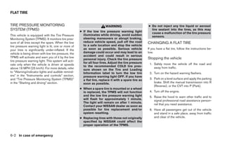 FLAT TIRE


TIRE PRESSURE MONITORING                                                 WARNING                       ● Do not inject any tire liquid or aerosol
SYSTEM (TPMS)                                         ● If the low tire pressure warning light
                                                                                                         tire sealant into the tires, as this may
                                                                                                         cause a malfunction of the tire pressure
This vehicle is equipped with the Tire Pressure         illuminates while driving, avoid sudden          sensors.
Monitoring System (TPMS). It monitors tire pres-        steering maneuvers or abrupt braking,
sure of all tires except the spare. When the low        reduce vehicle speed, pull off the road        CHANGING A FLAT TIRE
tire pressure warning light is lit, one or more of      to a safe location and stop the vehicle
your tires is significantly under-inflated. If the      as soon as possible. Serious vehicle           If you have a flat tire, follow the instructions be-
vehicle is being driven with low tire pressure, the     damage could occur and may lead to an          low.
TPMS will activate and warn you of it by the low        accident and could result in serious
                                                        personal injury. Check the tire pressure       Stopping the vehicle
tire pressure warning light. This system will acti-
                                                        for all four tires. Adjust the tire pressure    1. Safely move the vehicle off the road and
vate only when the vehicle is driven at speeds
                                                        to the recommended COLD tire pres-                 away from traffic.
above 16 MPH (25 km/h). For more details, refer         sure shown on the Tire and Loading
to “Warning/indicator lights and audible remind-        Information label to turn the low tire          2. Turn on the hazard warning flashers.
ers” in the “Instruments and controls” section,         pressure warning light OFF. If you have
and “Tire Pressure Monitoring System (TPMS)”            a flat tire, replace it with a spare tire as    3. Park on a level surface and apply the parking
in the “Starting and driving” section.                  soon as possible.                                  brake. Shift the manual transmission into R
                                                                                                           (Reverse), or the CVT into P (Park).
                                                      ● When a spare tire is mounted or a wheel
                                                        is replaced, the TPMS will not function         4. Turn off the engine.
                                                        and the low tire pressure warning light         5. Raise the hood to warn other traffic and to
                                                        will flash for approximately 1 minute.             signal professional road assistance person-
                                                        The light will remain on after 1 minute.
                                                                                                           nel that you need assistance.
                                                        Contact your NISSAN dealer as soon as
                                                        possible for tire replacement and/or            6. Have all passengers get out of the vehicle
                                                        system resetting.                                  and stand in a safe place, away from traffic
                                                      ● Replacing tires with those not originally          and clear of the vehicle.
                                                        specified by NISSAN could affect the
                                                        proper operation of the TPMS.


6-2 In case of emergency
 