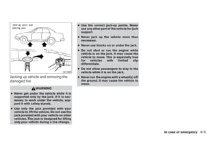 ● Use the correct jack-up points. Never
                                                  use any other part of the vehicle for jack
                                                  support.
                                                ● Never jack up the vehicle more than
                                                  necessary.
                                                ● Never use blocks on or under the jack.
                                                ● Do not start or     run the engine while
                                                  vehicle is on the   jack. It may cause the
                                                  vehicle to move.    This is especially true
                                                  for    vehicles      with    limited    slip
                                                  differentials.
                                                ● Do not allow passengers to stay in the
                                      CE1089      vehicle while it is on the jack.
Jacking up vehicle and removing the             ● Never run the engine with a wheel(s) off
damaged tire                                      the ground. It may cause the vehicle to
                                                  move.
                  WARNING
● Never get under the vehicle while it is
  supported only by the jack. If it is nec-
  essary to work under the vehicle, sup-
  port it with safety stands.
● Use only the jack provided with your
  vehicle to lift the vehicle. Do not use the
  jack provided with your vehicle on other
  vehicles. The jack is designed for lifting
  only your vehicle during a tire change.


                                                                                                 In case of emergency 6-5
 