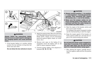 CAUTION
                                                                                                       ● Always connect positive ( ) to positive
                                                                                                         ( ) and negative ( ) to body ground (for
                                                                                                         example, strut mounting bolt, engine
                                                                                                         lift bracket, etc.) — not to the battery.
                                                                                                       ● Make sure the jumper cables do not
                                                                                                         touch moving parts in the engine com-
                                                                                                         partment and that the cable clamps do
                                                                                                         not contact any other metal.
                                                                                                       5. Start the engine of the booster vehicle and
                                                                                                          let it run for a few minutes.
                                                                                                          For Intelligent Key system equipped models,
                                                                                          WCE0054         use the mechanical key to start the engine.
                                                   2. Apply the parking brake. Move the shift lever    6. Keep the engine speed of the booster ve-
                   WARNING
                                                      to N (Neutral) (manual transmission) or to P        hicle at about 2,000 rpm, and start the en-
Always follow the instructions below.                 (Park) (CVT). Switch off all unnecessary
Failure to do so could result in damage to                                                                gine of the vehicle being jump started.
                                                      electrical systems (lights, heater, air condi-
the charging system and cause personal                tioner, etc.).
injury.                                                                                                                   CAUTION
                                                   3. Remove vent caps on the battery (if so           Do not keep the starter motor engaged for
1. If the booster battery is in another vehicle,      equipped). Cover the battery with an old         more than 10 seconds. If the engine does
   position the two vehicles to bring their bat-      cloth to reduce explosion hazard.                not start right away, turn the key off and
   teries near each other.                                                                             wait 3 to 4 seconds before trying again.
                                                   4. Connect jumper cables in the sequence il-
   Do not allow the two vehicles to touch.            lustrated ( A , B , C , D ).                     7. After starting the engine, carefully discon-
                                                                                                          nect the negative cable and then the positive
                                                                                                          cable.



                                                                                                                     In case of emergency 6-9
 