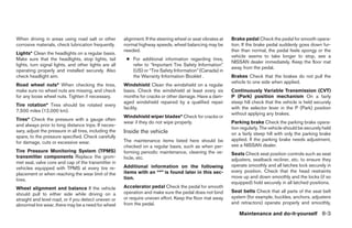 When driving in areas using road salt or other          alignment. If the steering wheel or seat vibrates at   Brake pedal Check the pedal for smooth opera-
corrosive materials, check lubrication frequently.      normal highway speeds, wheel balancing may be          tion. If the brake pedal suddenly goes down fur-
                                                        needed.                                                ther than normal, the pedal feels spongy or the
Lights* Clean the headlights on a regular basis.
                                                                                                               vehicle seems to take longer to stop, see a
Make sure that the headlights, stop lights, tail         ● For additional information regarding tires,
                                                                                                               NISSAN dealer immediately. Keep the floor mat
lights, turn signal lights, and other lights are all       refer to “Important Tire Safety Information”
                                                                                                               away from the pedal.
operating properly and installed securely. Also            (US) or “Tire Safety Information” (Canada) in
check headlight aim.                                       the Warranty Information Booklet .                  Brakes Check that the brakes do not pull the
                                                                                                               vehicle to one side when applied.
Road wheel nuts* When checking the tires,               Windshield Clean the windshield on a regular
make sure no wheel nuts are missing, and check          basis. Check the windshield at least every six         Continuously Variable Transmission (CVT)
for any loose wheel nuts. Tighten if necessary.         months for cracks or other damage. Have a dam-         P (Park) position mechanism On a fairly
                                                        aged windshield repaired by a qualified repair         steep hill check that the vehicle is held securely
Tire rotation* Tires should be rotated every
                                                        facility.                                              with the selector lever in the P (Park) position
7,500 miles (12,000 km).
                                                                                                               without applying any brakes.
                                                        Windshield wiper blades* Check for cracks or
Tires* Check the pressure with a gauge often
                                                        wear if they do not wipe properly.                     Parking brake Check the parking brake opera-
and always prior to long distance trips. If neces-
                                                                                                               tion regularly. The vehicle should be securely held
sary, adjust the pressure in all tires, including the   Inside the vehicle                                     on a fairly steep hill with only the parking brake
spare, to the pressure specified. Check carefully
                                                        The maintenance items listed here should be            applied. If the parking brake needs adjustment,
for damage, cuts or excessive wear.
                                                        checked on a regular basis, such as when per-          see a NISSAN dealer.
Tire Pressure Monitoring System (TPMS)                  forming periodic maintenance, cleaning the ve-         Seats Check seat position controls such as seat
transmitter components Replace the grom-                hicle, etc.                                            adjusters, seatback recliner, etc. to ensure they
met seal, valve core and cap of the transmitter in
                                                        Additional information on the following                operate smoothly and all latches lock securely in
vehicles equipped with TPMS at every tire re-
                                                        items with an “*” is found later in this sec-          every position. Check that the head restraints
placement or when reaching the wear limit of the
                                                        tion.                                                  move up and down smoothly and the locks (if so
tires.
                                                                                                               equipped) hold securely in all latched positions.
Wheel alignment and balance If the vehicle              Accelerator pedal Check the pedal for smooth
                                                        operation and make sure the pedal does not bind        Seat belts Check that all parts of the seat belt
should pull to either side while driving on a
                                                        or require uneven effort. Keep the floor mat away      system (for example, buckles, anchors, adjusters
straight and level road, or if you detect uneven or
abnormal tire wear, there may be a need for wheel       from the pedal.                                        and retractors) operate properly and smoothly,

                                                                                                                   Maintenance and do-it-yourself 8-3
 