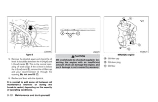 LDI0590                                        LDI0371                                    WDI0521
                     Type B                                                                                          MR20DE engine
                                                                        CAUTION
 5. Remove the dipstick again and check the oil                                                     A   Oil filler cap
                                                       Oil level should be checked regularly. Op-
    level. It should be between the H (High) and       erating the engine with an insufficient      B   Oil drain plug
    L (Low) marks B . This is the normal oper-         amount of oil can damage the engine, and
    ating oil level range. If the oil level is below                                                C   Oil filter
                                                       such damage is not covered by warranty.
    the L (Low) mark A , remove the oil filler cap
    and pour recommended oil through the
    opening. Do not overfill C .
 6. Recheck oil level with the dipstick.
It is normal to add some oil between oil
maintenance intervals or during the
break-in period, depending on the severity
of operating conditions.

8-10 Maintenance and do-it-yourself
 