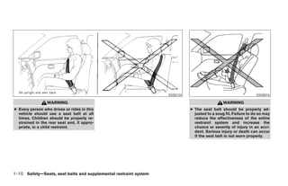 SSS0134                                       SSS0016

                 WARNING                                                                      WARNING
● Every person who drives or rides in this                                  ● The seat belt should be properly ad-
  vehicle should use a seat belt at all                                       justed to a snug fit. Failure to do so may
  times. Children should be properly re-                                      reduce the effectiveness of the entire
  strained in the rear seat and, if appro-                                    restraint system and increase the
  priate, in a child restraint.                                               chance or severity of injury in an acci-
                                                                              dent. Serious injury or death can occur
                                                                              if the seat belt is not worn properly.




1-10 Safety—Seats, seat belts and supplemental restraint system
 