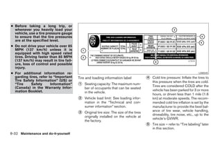 ● Before taking a long trip, or
  whenever you heavily load your
  vehicle, use a tire pressure gauge
  to ensure that the tire pressures
  are at the specified level.
● Do not drive your vehicle over 85
  MPH (137 km/h) unless it is
  equipped with high speed rated
  tires. Driving faster than 85 MPH
  (137 km/h) may result in tire fail-
  ure, loss of control and possible
  injury.
● For additional information re-                                                                                              LDI0545
  garding tires, refer to “Important    Tire and loading information label              4   Cold tire pressure: Inflate the tires to
  Tire Safety Information” (US) or                                                          this pressure when the tires are cold.
  “Tire    Safety       Information”    1   Seating capacity: The maximum num-
  (Canada) in the Warranty Infor-                                                           Tires are considered COLD after the
                                            ber of occupants that can be seated
  mation Booklet.                                                                           vehicle has been parked for 3 or more
                                            in the vehicle.
                                                                                            hours, or driven less than 1 mile (1.6
                                        2   Vehicle load limit: See loading infor-          km) at moderate speeds. The recom-
                                            mation in the “Technical and con-               mended cold tire inflation is set by the
                                            sumer information” section.                     manufacturer to provide the best bal-
                                                                                            ance of tire wear, vehicle handling,
                                        3   Original tire size: The size of the tires
                                                                                            driveability, tire noise, etc., up to the
                                            originally installed on the vehicle at
                                                                                            vehicle’s GVWR.
                                            the factory.
                                                                                        5   Tire size – refer to “Tire labeling” later
                                                                                            in this section.
8-32 Maintenance and do-it-yourself
 