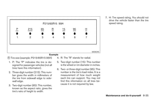 7. H: Tire speed rating. You should not
                                                                                             drive the vehicle faster than the tire
                                                                                             speed rating.




                                                                              WDI0395
                                      Example
1 Tire size (example: P215/65R15 95H)       4. R: The R stands for radial.
1. P: The P indicates the tire is de-       5. Two-digit number (15): This number
   signed for passenger vehicles (not all      is the wheel or rim diameter in inches.
   tires have this information).            6. Two- or three-digit number (95): This
2. Three-digit number (215): This num-         number is the tire’s load index. It is a
   ber gives the width in millimeters of       measurement of how much weight
   the tire from sidewall edge to side-        each tire can support. You may not
   wall edge.                                  find this information on all tires be-
                                               cause it is not required by law.
3. Two-digit number (65): This number,
   known as the aspect ratio, gives the
   tire’s ratio of height to width.
                                                                                          Maintenance and do-it-yourself 8-35
 