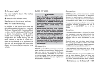 7 The word “radial”                           TYPES OF TIRES                                      Summer tires
The word “radial” is shown if the tire has                        WARNING
                                                                                                  NISSAN specifies summer tires on some models
radial structure.                                                                                 to provide superior performance on dry roads.
                                              ● When changing or replacing tires, be              Summer tire performance is substantially re-
8 Manufacturer or brand name                    sure all four tires are of the same type          duced in snow and ice. Summer tires do not have
                                                (i.e., Summer, All Season or Snow) and            the tire traction rating “M&S” on the tire sidewall.
Manufacturer or brand name is shown.            construction. A NISSAN dealer may be
                                                able to help you with information about           If you plan to operate your vehicle in snowy or icy
Other Tire-related Terminology                                                                    conditions, NISSAN recommends the use of
                                                tire type, size, speed rating and
In addition to the many terms that are          availability.                                     SNOW tires or ALL SEASON tires on all four
                                                                                                  wheels.
defined throughout this section, Intended     ● Replacement tires may have a lower
Outboard Sidewall is (1) the sidewall that      speed rating than the factory equipped            Snow tires
contains a whitewall, bears white lettering     tires, and may not match the potential
                                                maximum vehicle speed. Never exceed               If snow tires are needed, it is necessary to select
or bears manufacturer, brand, and/or                                                              tires equivalent in size and load rating to the
                                                the maximum speed rating of the tire.
model name molding that is higher or                                                              original equipment tires. If you do not, it can
deeper than the same molding on the           ● For additional information regarding              adversely affect the safety and handling of your
                                                tires, refer to “Important Tire Safety In-        vehicle.
other sidewall of the tire, or (2) the out-     formation” (US) or “Tire Safety Informa-
ward facing sidewall of an asymmetrical         tion” (Canada) in the Warranty Informa-           Generally, snow tires have lower speed ratings
tire that has a particular side that must       tion Booklet.                                     than factory equipped tires and may not match
                                                                                                  the potential maximum vehicle speed. Never ex-
always face outward when mounted on a                                                             ceed the maximum speed rating of the tire.
                                              All season tires
vehicle.
                                              NISSAN specifies All Season tires on some mod-      If you install snow tires, they must be the same
                                              els to provide good performance all year, includ-   size, brand, construction and tread pattern on all
                                                                                                  four wheels.
                                              ing snowy and icy road conditions. All Season
                                              tires are identified by ALL SEASON and/or M&S       For additional traction on icy roads, studded tires
                                              on the tire sidewall. Snow tires have better snow   may be used. However, some U.S. states and
                                              traction than All Season tires and may be more      Canadian provinces prohibit their use. Check
                                              appropriate in some areas.                          local, state and provincial laws before installing
                                                                                                    Maintenance and do-it-yourself 8-37
 