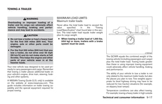 TOWING A TRAILER


                     WARNING                          MAXIMUM LOAD LIMITS
                                                      Maximum trailer loads
Overloading or improper loading of a
trailer and its cargo can adversely affect            Never allow the total trailer load to exceed the
vehicle handling, braking and perfor-                 value      specified       in    the       “Towing
mance and may lead to accidents.                      Load/Specification” chart found later in this sec-
                                                      tion. The total trailer load equals trailer weight
                     CAUTION                          plus its cargo weight.
● Do not tow a trailer or haul a heavy load            ● When towing a trailer load of 1,000 lbs.
  for the first 500 miles (800 km). Your                 (454 kg) or more, trailers with a brake
  engine, axle or other parts could be                   system must be used.
  damaged.
● For the first 500 miles (800 km) that you
  tow a trailer, do not drive over 50 mph                                                                                                             LTI0164
  (80 km/h) and do not make starts at full
                                                                                                           The GCWR equals the combined weight of the
  throttle. This helps the engine and other
                                                                                                           towing vehicle (including passengers and cargo)
  parts of your vehicle wear in at the
  heavier loads.                                                                                           plus the total trailer load. Towing loads greater
                                                                                                           than these or using improper towing equipment
Your new vehicle was designed to be used pri-                                                              could adversely affect vehicle handling, braking
marily to carry passengers and cargo. Remember                                                             and performance.
that towing a trailer places additional loads on
your vehicle’s engine, drive train, steering, brak-                                                        The ability of your vehicle to tow a trailer is not
ing and other systems.                                                                                     only related to the maximum trailer loads, but also
                                                                                                           the places you plan to tow. Tow weights appro-
A NISSAN Towing Guide (U.S. only) is available                                                             priate for level highway driving may have to be
on the website at www.nissanusa.com. This                                                                  reduced for low traction situations (for example,
guide includes information on trailer towing ca-                                                           on slippery boat ramps).
pability and the special equipment required for
proper towing.                                                                                             Temperature conditions can also affect towing.
                                                                                                           For example, towing a heavy trailer in high outside
                                                                                                       Technical and consumer information 9-17
 