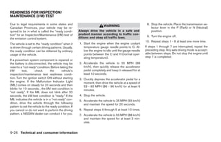 READINESS FOR INSPECTION/
MAINTENANCE (I/M) TEST

Due to legal requirements in some states and                                                                8. Stop the vehicle. Place the transmission se-
                                                                           WARNING
Canadian Provinces, your vehicle may be re-                                                                    lector lever in the P (Park) or N (Neutral)
quired to be in what is called the “ready condi-        Always drive the vehicle in a safe and                 position.
tion” for an Inspection/Maintenance (I/M) test of       prudent manner according to traffic con-
                                                        ditions and obey all traffic laws.                  9. Turn the engine off.
the emission control system.
                                                                                                           10. Repeat steps 1 - 8 at least one more time.
The vehicle is set to the “ready condition” when it     1. Start the engine when the engine coolant
is driven through certain driving patterns. Usually,       temperature gauge needle points to C. Al-       If steps 1 through 7 are interrupted, repeat the
the ready condition can be obtained by ordinary            low the engine to idle until the gauge needle   preceding step. Any safe driving mode is accept-
usage of the vehicle.                                      points between the C and H (normal oper-        able between steps. Do not stop the engine until
                                                           ating temperature).                             step 7 is completed.
If a powertrain system component is repaired or
the battery is disconnected, the vehicle may be         2. Accelerate the vehicle to 55 MPH (88
reset to a “not ready” condition. Before taking the        km/h), then quickly release the accelerator
I/M       test,       check       the     vehicle’s        pedal completely and keep it released for at
inspection/maintenance test readiness condi-               least 10 seconds.
tion. Turn the ignition switch ON without starting      3. Quickly depress the accelerator pedal for a
the engine. If the Malfunction Indicator Light             moment, then drive the vehicle at a speed of
(MIL) comes on steady for 20 seconds and then              53 - 60 MPH (86 - 96 km/h) for at least 9
blinks for 10 seconds , the I/M test condition is          minutes.
 not ready . If the MIL does not blink after 20
seconds, the I/M test condition is ready. If the        4. Stop the vehicle.
MIL indicates the vehicle is in a not ready con-        5. Accelerate the vehicle to 35 MPH (55 km/h)
dition, drive the vehicle through the following            and maintain the speed for 20 seconds.
pattern to set the vehicle to the ready condition. If
you cannot or do not want to perform the driving        6. Repeat steps 4 through 5 at least 10 times.
pattern, a NISSAN dealer can conduct it for you.        7. Accelerate the vehicle to 55 MPH (88 km/h)
                                                           and maintain the speed for at least 3 min-
                                                           utes.


9-26 Technical and consumer information
 