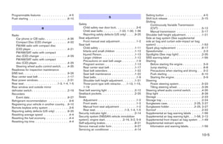 Programmable features . . . . . . . . . . . . .4-5                                                                 Setting button . . . . . . . . . . . . . . . . . .4-5
Push starting . . . . . . . . . . . . . . . . . .6-10                               S                              Shift lock release . . . . . . . . . . . . . . . .5-15
                                                                                                                   Shifting
                                                          Safety                                                      Continuously Variable Transmission
                          R                                  Child safety rear door lock . . . . . . . . . .3-6       (CVT) . . . . . . . . . . . . . . . . . . . .5-12
                                                             Child seat belts . . . . . . . .1-22, 1-30, 1-36         Manual transmission . . . . . . . . . . . .5-17
Radio                                                        Reporting safety defects (US only) . . . .9-25        Shoulder belt height adjustment . . . . . . . .1-21
    Car phone or CB radio . . . . . . . . . . .4-36       Seat adjustment                                          Side air bag system (See supplemental
    Compact Disc (CD) changer . . . . . . .4-32              Front manual seat adjustment . . . . . . . .1-2       side air bag and curtain side-impact air bag
    FM/AM radio with compact disc                         Seat belt                                                system) . . . . . . . . . . . . . . . . . . . . .1-53
    (CD) player . . . . . . . . . . . . . . . . .4-21        Child safety . . . . . . . . . . . . . . . . .1-11    Spark plug replacement . . . . . . . . . . . .8-17
                                                             Infants and small children . . . . . . . . .1-12      Speedometer . . . . . . . . . . . . . . . . . . .2-3
    FM/AM/SAT radio with compact
                                                             Injured Person. . . . . . . . . . . . . . . .1-13     Spotlights (See map light) . . . . . . . . . . .2-35
    disc (CD) changer . . . . . . . . . . . . .4-29
                                                             Larger children . . . . . . . . . . . . . . .1-12     SRS warning label . . . . . . . . . . . . . . .1-56
    FM/AM/SAT radio with compact                             Precautions on seat belt usage . . . . . . .1-9       Starting
    disc (CD) player. . . . . . . . . . . . . . .4-25        Pregnant women . . . . . . . . . . . . . .1-13           Before starting the engine . . . . . . . . . .5-9
    Steering wheel audio control switch. . . .4-35           Rear center seat belt . . . . . . . . . . . .1-17        Jump starting . . . . . . . . . . . . . . . . .6-8
Readiness for inspection maintenance                         Seat belt extenders . . . . . . . . . . . . .1-22        Precautions when starting and driving . . .5-2
(I/M) test. . . . . . . . . . . . . . . . . . . . .9-26      Seat belt maintenance . . . . . . . . . . .1-22          Push starting . . . . . . . . . . . . . . . .6-10
Rear center seat belt . . . . . . . . . . . . . .1-17        Seat belts . . . . . . . . . . . . . . . . . . .1-9      Starting the engine . . . . . . . . . . . . . .5-9
Rear power windows . . . . . . . . . . . . . .2-31           Shoulder belt height adjustment . . . . . .1-21       Steering
Rear seat . . . . . . . . . . . . . . . .1-3, 1-4, 1-5       Three-point type with retractor . . .1-13, 1-15,         Power steering system . . . . . . . . . . .5-23
Rear window and outside mirror                               1-19                                                     Tilting steering wheel . . . . . . . . . . . .3-26
defroster switch . . . . . . . . . . . . . . . . .2-19    Seat belt warning light . . . . . . . . . . . . .2-12    Steering wheel audio control switch. . . . . .4-35
Recorders                                                 Seatback pockets. . . . . . . . . . . . . . . .2-25      Stop light . . . . . . . . . . . . . . . . . . . .8-28
    Event data . . . . . . . . . . . . . . . . . .9-27    Seats                                                    Storage . . . . . . . . . . . . . . . . . . . . .2-23
Refrigerant recommendation . . . . . . . . . .9-6            Adjustment . . . . . . . . . . . . . . . . . .1-2     Storage tray . . . . . . . . . . . . . . . . . . .2-24
Registering your vehicle in another country . .9-10          Front seats . . . . . . . . . . . . . . . . . .1-2    Sunglasses case . . . . . . . . . . . . .2-25, 2-27
Remote keyless entry system . . . . . . . . . .3-6           Manual front seat adjustment . . . . . . . .1-2       Sunglasses holder . . . . . . . . . . . .2-25, 2-27
Reporting safety defects (US only) . . . . . .9-25           Rear seat . . . . . . . . . . . . . .1-3, 1-4, 1-5    Sunroof . . . . . . . . . . . . . . . . . . . . .2-32
                                                          Security indicator light . . . . . . . . . . . . .2-14   Supplemental air bag warning labels . . . . .1-56
Resetting average speed . . . . . . . . . . . .4-4
                                                          Security system (NISSAN vehicle immobilizer              Supplemental air bag warning light . . .1-56, 2-12
Resetting the fuel economy . . . . . . . . . . .4-4
                                                          system), engine start. . . . . . . . .2-16, 3-2, 5-9     Supplemental front impact air bag system . .1-49
Resetting trip time . . . . . . . . . . . . . . . .4-4    Self-adjusting brakes . . . . . . . . . . . . . .8-21    Supplemental restraint system
                                                          Service manual order form . . . . . . . . . . .9-27         Information and warning labels. . . . . . .1-56
                                                          Servicing air conditioner . . . . . . . . . . . .4-14
                                                                                                                                                                   10-5
 