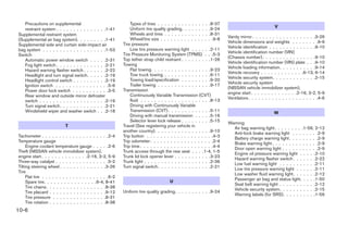 Precautions on supplemental                                  Types of tires . . . . . . . . . . . . . . . .8-37
                                                                Uniform tire quality grading. . . . . . . . .9-24                                 V
   restraint system . . . . . . . . . . . . . . .1-41
Supplemental restraint system                                   Wheels and tires . . . . . . . . . . . . . .8-31
                                                                Wheel/tire size . . . . . . . . . . . . . . . .9-8     Vanity mirror . . . . . . . . . . . . . . . . . . .3-26
(Supplemental air bag system). . . . . . . . .1-41                                                                     Vehicle dimensions and weights . . . . . . . .9-9
Supplemental side and curtain side-impact air               Tire pressure
                                                                Low tire pressure warning light . . . . . .2-11        Vehicle identification . . . . . . . . . . . . . .9-10
bag system . . . . . . . . . . . . . . . . . . .1-53
                                                            Tire Pressure Monitoring System (TPMS) . . .5-3            Vehicle identification number (VIN)
Switch                                                                                                                 (Chassis number) . . . . . . . . . . . . . . . .9-10
   Automatic power window switch . . . . .2-31              Top tether strap child restraint . . . . . . . . .1-26
                                                            Towing                                                     Vehicle identification number (VIN) plate . . .9-10
   Fog light switch . . . . . . . . . . . . . . .2-21
                                                                Flat towing. . . . . . . . . . . . . . . . . .9-23     Vehicle loading information. . . . . . . . . . .9-14
   Hazard warning flasher switch . . . . . . .2-22
                                                                Tow truck towing . . . . . . . . . . . . . .6-11       Vehicle recovery . . . . . . . . . . . . .6-13, 6-14
   Headlight and turn signal switch. . . . . .2-19                                                                     Vehicle security system. . . . . . . . . . . . .2-15
   Headlight control switch . . . . . . . . . .2-19             Towing load/specification . . . . . . . . .9-20
                                                                Trailer towing . . . . . . . . . . . . . . . .9-17     Vehicle security system
   Ignition switch . . . . . . . . . . . . . . . .5-6                                                                  (NISSAN vehicle immobilizer system),
   Power door lock switch . . . . . . . . . . .3-5          Transmission
                                                                Continuously Variable Transmission (CVT)               engine start . . . . . . . . . . . . . .2-16, 3-2, 5-9
   Rear window and outside mirror defroster                                                                            Ventilators . . . . . . . . . . . . . . . . . . . . .4-6
   switch . . . . . . . . . . . . . . . . . . . .2-19           fluid . . . . . . . . . . . . . . . . . . . . .8-13
   Turn signal switch . . . . . . . . . . . . . .2-21           Driving with Continuously Variable
   Windshield wiper and washer switch . . .2-18                 Transmission (CVT) . . . . . . . . . . . . .5-11                                 W
                                                                Driving with manual transmission . . . . .5-16
                                                                Selector lever lock release . . . . . . . . .5-15      Warning
                           T                                Travel (See registering your vehicle in                      Air bag warning light. . . . . . . . .1-56, 2-12
                                                            another country). . . . . . . . . . . . . . . . .9-10        Anti-lock brake warning light . . . . . . . .2-9
Tachometer . . . . . . . . . . . . . . . . . . . .2-4       Trip button . . . . . . . . . . . . . . . . . . . .4-3       Battery charge warning light . . . . . . . . .2-9
Temperature gauge                                           Trip odometer . . . . . . . . . . . . . . . . . . .2-4
                                                                                                                         Brake warning light . . . . . . . . . . . . . .2-9
     Engine coolant temperature gauge . . . . .2-6          Trip time . . . . . . . . . . . . . . . . . . . . . .4-4     Door open warning light . . . . . . . . . . .2-9
Theft (NISSAN vehicle immobilizer system),                  Trunk access through the rear seat . . . .1-4, 1-5           Engine oil pressure warning light . . . . .2-10
engine start . . . . . . . . . . . . . .2-16, 3-2, 5-9      Trunk lid lock opener lever . . . . . . . . . . .3-23        Hazard warning flasher switch . . . . . . .2-22
Three-way catalyst . . . . . . . . . . . . . . . .5-2       Trunk light . . . . . . . . . . . . . . . . . . . .2-36      Low fuel warning light . . . . . . . . . . .2-11
Tilting steering wheel . . . . . . . . . . . . . .3-26      Turn signal switch . . . . . . . . . . . . . . . .2-21       Low tire pressure warning light . . . . . .2-11
Tire                                                                                                                     Low washer fluid warning light . . . . . . .2-12
     Flat tire . . . . . . . . . . . . . . . . . . . .6-2
                                                                                       U                                 Passenger air bag and status light. . . . .1-50
     Spare tire. . . . . . . . . . . . . . . .6-4, 8-41                                                                  Seat belt warning light . . . . . . . . . . .2-12
     Tire chains . . . . . . . . . . . . . . . . . .8-38                                                                 Vehicle security system. . . . . . . . . . .2-15
     Tire placard . . . . . . . . . . . . . . . . .9-12     Uniform tire quality grading. . . . . . . . . . .9-24
                                                                                                                         Warning labels (for SRS). . . . . . . . . .1-56
     Tire pressure . . . . . . . . . . . . . . . .8-31
     Tire rotation . . . . . . . . . . . . . . . . .8-38
10-6
 