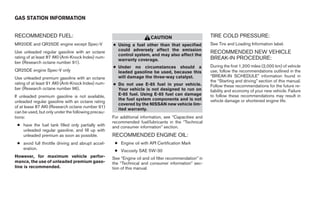 GAS STATION INFORMATION


RECOMMENDED FUEL:                                                       CAUTION                         TIRE COLD PRESSURE:
MR20DE and QR25DE engine except Spec-V              ● Using a fuel other than that specified            See Tire and Loading Information label.
                                                      could adversely affect the emission
Use unleaded regular gasoline with an octane
                                                      control system, and may also affect the
                                                                                                        RECOMMENDED NEW VEHICLE
rating of at least 87 AKI (Anti-Knock Index) num-                                                       BREAK-IN PROCEDURE:
                                                      warranty coverage.
ber (Research octane number 91).
                                                    ● Under no circumstances should a                   During the first 1,200 miles (2,000 km) of vehicle
QR25DE engine Spec-V only                             leaded gasoline be used, because this             use, follow the recommendations outlined in the
Use unleaded premium gasoline with an octane          will damage the three-way catalyst.               “BREAK-IN SCHEDULE” information found in
                                                                                                        the “Starting and driving” section of this manual.
rating of at least 91 AKI (Anti-Knock Index) num-   ● Do not use E-85 fuel in your vehicle.             Follow these recommendations for the future re-
ber (Research octane number 96).                      Your vehicle is not designed to run on            liability and economy of your new vehicle. Failure
If unleaded premium gasoline is not available,        E-85 fuel. Using E-85 fuel can damage             to follow these recommendations may result in
                                                      the fuel system components and is not             vehicle damage or shortened engine life.
unleaded regular gasoline with an octane rating
                                                      covered by the NISSAN new vehicle lim-
of at lease 87 AKI (Research octane number 91)
                                                      ited warranty.
can be used, but only under the following precau-
tions:                                              For additional information, see “Capacities and
                                                    recommended fuel/lubricants in the “Technical
 ● have the fuel tank filled only partially with    and consumer information” section.
   unleaded regular gasoline, and fill up with
   unleaded premium as soon as possible.            RECOMMENDED ENGINE OIL:
 ● avoid full throttle driving and abrupt accel-     ● Engine oil with API Certification Mark
   eration.
                                                     ● Viscosity SAE 5W-30
However, for maximum vehicle perfor-                See “Engine oil and oil filter recommendation” in
mance, the use of unleaded premium gaso-            the “Technical and consumer information” sec-
line is recommended.                                tion of this manual.
 