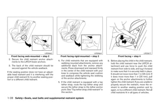 LRS0663                                               LRS0664                                                 LRS0671
    Front facing web-mounted – step 2                     Front facing rigid-mounted – step 2                             Front facing – step 4
 2. Secure the child restraint anchor attach-
                                                        4. For child restraints that are equipped with        6. Before placing the child in the child restraint,
    ments to the LATCH lower anchors.
                                                           webbing mounted attachments, remove any               hold the child restraint near the LATCH at-
 3. The back of the child restraint should be              additional slack from the anchor attach-              tachment and use force to push the child
    secured against the vehicle seatback.                  ments. Press downward and rearward firmly             restraint from side to side, and tug it forward
                                                           in the center of the child restraint with your        to make sure that it is securely held in place.
If the seating position does not have an adjust-
                                                           knee to compress the vehicle seat cushion             It should not move more than 1 in (25 mm). If
able head restraint and it is interfering with the
                                                           and seatback while tightening the webbing             it does move more than 1 in (25 mm), pull
proper child restraint fit, try another seating posi-
                                                           of the anchor attachments.                            again on the anchor attachments to further
tion or a different child restraint.
                                                        5. If the child restraint is equipped with a top         tighten the child restraint. If you are unable to
                                                           tether strap, route the top tether strap and          properly secure the restraint, move the re-
                                                           secure the tether strap to the tether anchor          straint to another seating position and try
                                                           point. See “Top tether strap child restraint” in      again, or try a different child restraint. Not all
                                                           this section.                                         child restraints fit in all types of vehicles.

1-28 Safety—Seats, seat belts and supplemental restraint system
 
