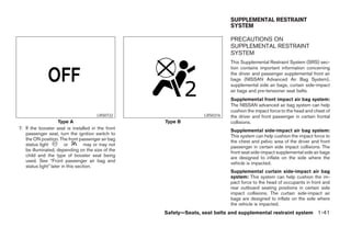 SUPPLEMENTAL RESTRAINT
                                                                             SYSTEM

                                                                             PRECAUTIONS ON
                                                                             SUPPLEMENTAL RESTRAINT
                                                                             SYSTEM
                                                                             This Supplemental Restraint System (SRS) sec-
                                                                             tion contains important information concerning
                                                                             the driver and passenger supplemental front air
                                                                             bags (NISSAN Advanced Air Bag System),
                                                                             supplemental side air bags, curtain side-impact
                                                                             air bags and pre-tensioner seat belts.
                                                                             Supplemental front impact air bag system:
                                                                             The NISSAN advanced air bag system can help
                                                                             cushion the impact force to the head and chest of
                                       LRS0722                     LRS0316   the driver and front passenger in certain frontal
                     Type A                         Type B                   collisions.
7. If the booster seat is installed in the front                             Supplemental side-impact air bag system:
   passenger seat, turn the ignition switch to                               This system can help cushion the impact force to
   the ON position. The front passenger air bag                              the chest and pelvic area of the driver and front
   status light          or        may or may not                            passenger in certain side impact collisions. The
   be illuminated, depending on the size of the                              front seat side-impact supplemental side air bags
   child and the type of booster seat being                                  are designed to inflate on the side where the
   used. See “Front passenger air bag and                                    vehicle is impacted.
   status light” later in this section.
                                                                             Supplemental curtain side-impact air bag
                                                                             system: This system can help cushion the im-
                                                                             pact force to the head of occupants in front and
                                                                             rear outboard seating positions in certain side
                                                                             impact collisions. The curtain side-impact air
                                                                             bags are designed to inflate on the side where
                                                                             the vehicle is impacted.
                                                    Safety—Seats, seat belts and supplemental restraint system 1-41
 