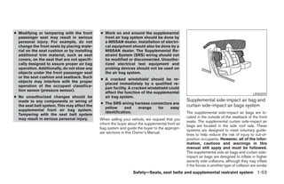 ● Modifying or tampering with the front       ● Work on and around the supplemental
  passenger seat may result in serious          front air bag system should be done by
  personal injury. For example, do not          a NISSAN dealer. Installation of electri-
  change the front seats by placing mate-       cal equipment should also be done by a
  rial on the seat cushion or by installing     NISSAN dealer. The Supplemental Re-
  additional trim material, such as seat        straint System (SRS) wiring should not
  covers, on the seat that are not specifi-     be modified or disconnected. Unautho-
  cally designed to assure proper air bag       rized electrical test equipment and
  operation. Additionally, do not stow any      probing devices should not be used on
  objects under the front passenger seat        the air bag system.
  or the seat cushion and seatback. Such
                                              ● A cracked windshield should be re-
  objects may interfere with the proper
                                                placed immediately by a qualified re-
  operation of the occupant classifica-
                                                pair facility. A cracked windshield could
  tion sensor (pressure sensor).
                                                affect the function of the supplemental                                                       LRS0259
● No unauthorized changes should be             air bag system.
  made to any components or wiring of                                                             Supplemental side-impact air bag and
                                              ● The SRS wiring harness connectors are
  the seat belt system. This may affect the
                                                yellow     and  orange    for   easy
                                                                                                  curtain side-impact air bags system
  supplemental front air bag system.
                                                identification.                                   The supplemental side-impact air bags are lo-
  Tampering with the seat belt system
  may result in serious personal injury.                                                          cated in the outside of the seatback of the front
                                              When selling your vehicle, we request that you
                                                                                                  seats. The supplemental curtain side-impact air
                                              inform the buyer about the supplemental front air
                                                                                                  bags are located in the side roof rails. These
                                              bag system and guide the buyer to the appropri-
                                                                                                  systems are designed to meet voluntary guide-
                                              ate sections in this Owner’s Manual.
                                                                                                  lines to help reduce the risk of injury to out-of-
                                                                                                  position occupants. However, all of the infor-
                                                                                                  mation, cautions and warnings in this
                                                                                                  manual still apply and must be followed.
                                                                                                  The supplemental side air bags and curtain side-
                                                                                                  impact air bags are designed to inflate in higher
                                                                                                  severity side collisions, although they may inflate
                                                                                                  if the forces in another type of collision are similar
                                                                  Safety—Seats, seat belts and supplemental restraint system 1-53
 