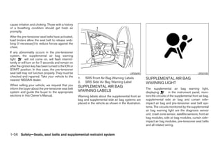 cause irritation and choking. Those with a history
of a breathing condition should get fresh air
promptly.
After the pre-tensioner seat belts have activated,
load limiters allow the seat belt to release web-
bing (if necessary) to reduce forces against the
chest.
If any abnormality occurs in the pre-tensioner
system, the supplemental air bag warning
light       will not come on, will flash intermit-
tently or will turn on for 7 seconds and remain on
after the ignition key has been turned to the ON or
START position. In this case, the pre-tensioner
seat belt may not function properly. They must be                                               LRS0695                                                LRS0100
checked and repaired. Take your vehicle to the
                                                      1.   SRS Front Air Bag Warning Labels                 SUPPLEMENTAL AIR BAG
nearest NISSAN dealer.
                                                      2.   SRS Side Air Bag Warning Label                   WARNING LIGHT
When selling your vehicle, we request that you        SUPPLEMENTAL AIR BAG
inform the buyer about the pre-tensioner seat belt                                                          The supplemental air bag warning light,
system and guide the buyer to the appropriate         WARNING LABELS                                        displaying         in the instrument panel, moni-
sections in this Owner’s Manual.                      Warning labels about the supplemental front air       tors the circuits of the supplemental front air bag,
                                                      bag and supplemental side air bag systems are         supplemental side air bag and curtain side-
                                                      placed in the vehicle as shown in the illustration.   impact air bag and pre-tensioner seat belt sys-
                                                                                                            tems. The circuits monitored by the supplemental
                                                                                                            air bag warning light are the diagnosis sensor
                                                                                                            unit, crash zone sensor, satellite sensors, front air
                                                                                                            bag modules, side air bag modules, curtain side-
                                                                                                            impact air bag modules, pre-tensioner seat belts
                                                                                                            and all related wiring.


1-56 Safety—Seats, seat belts and supplemental restraint system
 