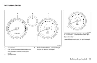 METERS AND GAUGES




                                                                                                                                LIC1015
                                                                                          SPEEDOMETER AND ODOMETER
                                                                                          Speedometer
                                                                                          The speedometer indicates the vehicle speed.



                                                                                LIC1014
1.   Tachometer                             4.   Instrument brightness control/change
2.   Fuel gauge/odometer/transmission po-        button for twin trip odometer
     sition indicator/engine temperature
     gauge
3.   Speedometer


                                                                                                    Instruments and controls 2-3
 