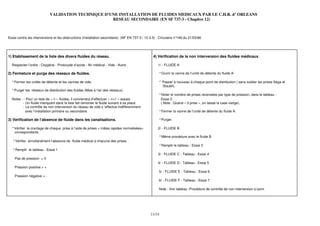 VALIDATION TECHNIQUE D’UNE INSTALLATION DE FLUIDES MEDICAUX PAR LE C.H.R. d’ ORLEANS
                                                    RESEAU SECONDAIRE (EN SF 737-3 - Chapitre 12)



Essai contre les interversions et les obstructions (Installation secondaire). (NF EN 737-3 / 12.3.3) . Circulaire n°146 du 21/03/66




1) Etablissement de la liste des divers fluides du réseau.                                        4) Vérification de la non interversion des fluides médicaux.

  Respecter l’ordre : Oxygène - Protoxyde d’azote - Air médical - Vide - Autre .                     1/ - FLUIDE A

2) Fermeture et purge des réseaux de fluides.                                                         ° Ouvrir la vanne de l’unité de détente du fluide A.

  ° Fermer les unités de détente et les vannes de vide.                                               ° Passer à nouveau à chaque point de distribution ( sans oublier les prises Séga et
                                                                                                        Staubli).
  ° Purger les réseaux de distribution des fluides (Mise à l’air des réseaux).
                                                                                                      ° Noter le nombre de prises recensées par type de pression, dans le tableau :
  Notes : - Pour un liste de « n » fluides, il conviendra d’effectuer « n+1 » essais.                  Essai 2.
          - Un fluide manquant dans la liste fait remonter le fluide suivant à sa place.               ( Note : Quand « 0 prise », on laisse la case vierge).
          - Le contrôle de non interversion du réseau de vide s ‘effectue indifféremment
            avec l’installation primaire ou secondaire.                                               ° Fermer la vanne de l’unité de détente du fluide A.

3) Vérification de l’absence de fluide dans les canalisations.                                        ° Purger.

  ° Vérifier le crantage de chaque prise à l’aide de prises < mâles rapides normalisées>             2/ - FLUIDE B
    correspondants.
                                                                                                      ° Même procédure avec le fluide B
   ° Vérifier simultanément l’absence de fluide médical à chacune des prises .
                                                                                                      ° Remplir le tableau : Essai 3
   ° Remplir le tableau : Essai 1
                                                                                                     3/ - FLUIDE C - Tableau : Essai 4
    Pas de pression = 0
                                                                                                     4/ - FLUIDE D - Tableau : Essai 5
    Pression positive = +
                                                                                                      5/ - FLUIDE E - Tableau : Essai 6
    Pression négative = -
                                                                                                      6/ - FLUIDE F - Tableau : Essai 7

                                                                                                      Note : Voir tableau :Procédure de contrôle de non interversion ci-joint.




                                                                                                11/14
 