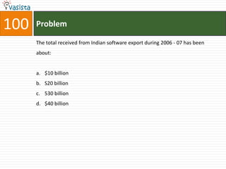 100   Problem

      The total received from Indian software export during 2006 - 07 has been
      about:


      a. $10 billion
      b. S20 billion
      c. 530 billion
      d. $40 billion
 