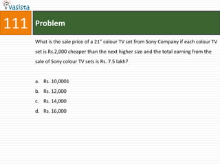 111   Problem

      What is the sale price of a 21" colour TV set from Sony Company if each colour TV
      set is Rs.2,000 cheaper than the next higher size and the total earning from the
      sale of Sony colour TV sets is Rs. 7.5 lakh?


      a. Rs. 10,0001
      b. Rs. 12,000
      c. Rs. 14,000
      d. Rs. 16,000
 