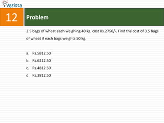 12   Problem

     2.5 bags of wheat each weighing 40 kg. cost Rs.2750/-. Find the cost of 3.5 bags
     of wheat if each bags weights 50 kg.


     a. Rs.5812.50
     b. Rs.6212.50
     c. Rs.4812.50
     d. Rs.3812.50
 