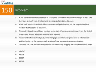 150   Problem
      A.   A The latest decline draws attention to a fairly well known fact that stock exchanges in India take
           their cues as much from developments overseas as from domestic ones.
      B.   While such reaction is an inevitable conse-quence of globalization, it is the magnitude of the
           reaction that has come as a surprise.
      C.   The stock indices the world over tumbled on the back of some pessimistic news from the United
           States credit market, especially its home loan segment.
      D.   Fears over the failure of risky sub-prime mortgages seem to have spilled over to other closely
           watched sectors of the economy such as sales of new homes and consumer durables.
      E.   Last week the Dow recorded its highest fall since February, dragging the European bourses down.


      a.   ADEBC
      b.   ABCDE
      c.   BEDCA
      d.   AEDCB
 