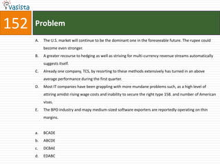 152   Problem
      A.   The U.S. market will continue to be the dominant one in the foreseeable future. The rupee could
           become even stronger.
      B.   A greater recourse to hedging as well as striving for multi-currency revenue streams automatically
           suggests itself.
      C.   Already one company, TCS, by resorting to these methods extensively has turned in an above
           average performance during the first quarter.
      D.   Most IT companies have been grappling with more mundane problems such, as a high level of
           attiring amidst rising wage costs and inability to secure the right type 158. and number of American
           visas.
      E.   The BPO industry and mapy medium-sized software exporters are reportedly operating on thin
           margins.


      a.   BCADE
      b.   ABCDE
      c.   DCBAE
      d.   EDABC
 