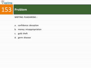 153   Problem

      WRITING: PLAGIARISM: :


      a. confidence: deception
      b. money: misappropriation
      c. gold: theft
      d. germ: disease
 