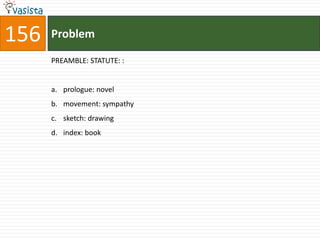 156   Problem

      PREAMBLE: STATUTE: :


      a. prologue: novel
      b. movement: sympathy
      c. sketch: drawing
      d. index: book
 