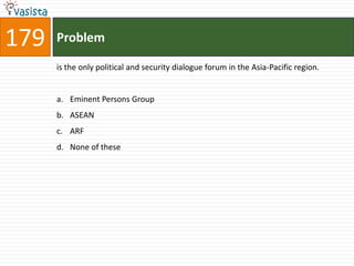 179   Problem

      is the only political and security dialogue forum in the Asia-Pacific region.


      a. Eminent Persons Group
      b. ASEAN
      c. ARF
      d. None of these
 