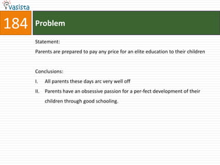 184   Problem

      Statement:
      Parents are prepared to pay any price for an elite education to their children


      Conclusions:
      I.    All parents these days arc very well off
      II.   Parents have an obsessive passion for a per-fect development of their
            children through good schooling.
 