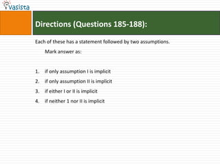 Directions (Questions 185-188):
Each of these has a statement followed by two assumptions.
    Mark answer as:


1. if only assumption I is implicit
2. if only assumption II is implicit
3. if either I or II is implicit
4. if neither 1 nor II is implicit
 