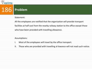 186   Problem

      Statement:
      All the employees are notified that the organization will provide transport
      facilities at half cost from the nearby railway station to the office except those
      who have been provided with travelling allowance.


      Assumptions:
      I.    Most of the employees will travel by the office transport.
      II.   Those who are provided with travelling al-lowance will not read such notice.
 