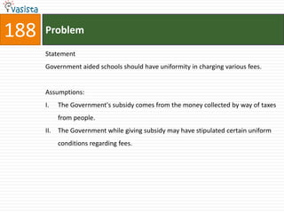 188   Problem

      Statement
      Government aided schools should have uniformity in charging various fees.


      Assumptions:
      I.    The Government's subsidy comes from the money collected by way of taxes
            from people.
      II.   The Government while giving subsidy may have stipulated certain uniform
            conditions regarding fees.
 