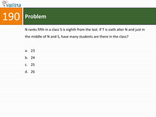 190   Problem

      N ranks fifth in a class S is eighth from the last. If T is sixth alter N and just in
      the middle of N and S, have many students are there in the class?


      a. 23
      b. 24
      c. 25
      d. 26
 