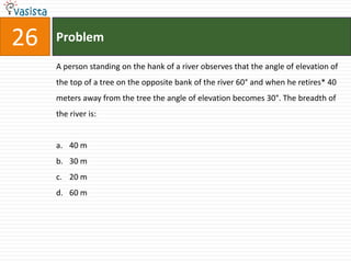 26   Problem

     A person standing on the hank of a river observes that the angle of elevation of
     the top of a tree on the opposite bank of the river 60° and when he retires* 40
     meters away from the tree the angle of elevation becomes 30°. The breadth of
     the river is:


     a. 40 m
     b. 30 m
     c. 20 m
     d. 60 m
 