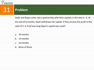 31   Problem

     Swati and Rajani enter into a partnership with their capitals in the ratio 5 : 6. At
     the end of 8 months, Swati withdraws her capital. If they receive the profit in the
     ratio of 5: 9, find how long Rajani's capital was used?


     a. 10 months
     b. 12 months
     c. 14 months
     d. None of these
 