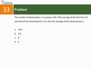 33   Problem

     The number of observations -in a group is 40. If the average of the first 10 is 4.5
     and that of the remaining 30 is 3,5, then the average of the whole group is:


     a. 15/4
     b. 1/5
     c. 8
     d. 4
 