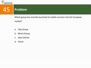 45   Problem

     Which group has recently launched its mobile services into the European
     market?


     a. Tata Group
     b. Bharti Group
     c. Idea Cellular
     d. Hutch
 