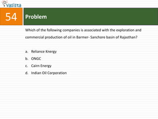 54   Problem

     Which of the following companies is associated with the exploration and
     commercial production of oil in Barmer- Sanchore basin of Rajasthan?


     a. Reliance Knergy
     b. ONGC
     c. Cairn Energy
     d. Indian Oil Corporation
 
