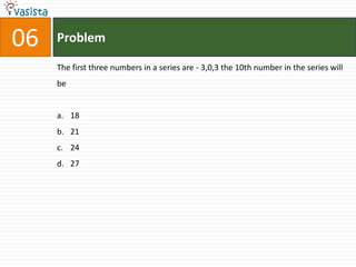 06   Problem

     The first three numbers in a series are - 3,0,3 the 10th number in the series will
     be


     a. 18
     b. 21
     c. 24
     d. 27
 