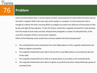 76   Problem
     Some scientists believe that, in certain species of birds, actual particles of metal within the brain react to
     the Earth's magnetic field in the same way as the needle in a compass. It is this mechanism that is
     thought to underlie the birds' amazing ability to navigate accurately over distances of thousands of miles
     by day and night during migration. To test this theory, researchers surgically removed the metal particles
     from the heads of some birds and then released them,alongwith a number of untreated birds, at the
     usual time and place of their annual winter migration.
     Which of the following results would most seriously weaken the theory being tested?


     a.   The untreated birds were confused by the erratic flight patterns of the surgically treated birds and
          failed to migrate successfully.
     b.   The surgically treated birds were able to fol-low their usual flight patterns successfully by day, but
          not by night.
     c.   The surgically treated birds we're able to mi-grate about as accurately as the untreated birds.
     d.   The surgically treated birds were able to migrate successfully only when closely following a group of
          untreated birds.
 