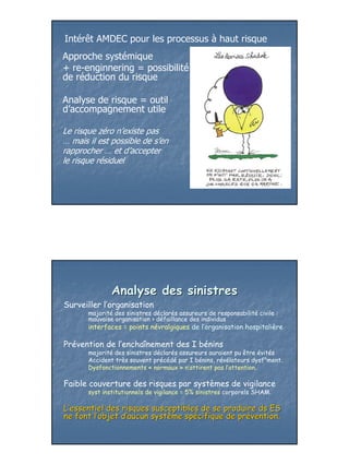 Intérêt AMDEC pour les processus à haut risque
Approche systémique
+ re-enginnering = possibilité
de réduction du risque

Analyse de risque = outil
d’accompagnement utile

Le risque zéro n’existe pas
… mais il est possible de s’en
rapprocher … et d’accepter
le risque résiduel




               Analyse des sinistres
Surveiller l’organisation
       majorité des sinistres déclarés assureurs de responsabilité civile :
       mauvaise organisation > défaillance des individus
       interfaces = points névralgiques de l’organisation hospitalière

Prévention de l’enchaînement des I bénins
       majorité des sinistres déclarés assureurs auraient pu être évités
       Accident très souvent précédé par I bénins, révélateurs dysf°ment.
       Dysfonctionnements « normaux » n’attirent pas l’attention.

Faible couverture des risques par systèmes de vigilance
       syst institutionnels de vigilance = 5% sinistres corporels SHAM.

L’essentiel des risques susceptibles de se produire ds ES
ne font l’objet d’aucun système spécifique de prévention.
        l’      d’      systè   spé           pré




                                                                              12
 