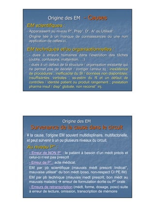 Origine des EM               - Causes
EM scientifiques :
 Apparaissent au niveau P°, Prép°, D°, A° ou Utilisat°.
                           P° Pré  D° A°     Utilisat°
 Origine liée à un manque de connaissances ou une non
          lié
 application de celles-ci.
                celles-

EM techniques et/ou organisationnelles :
 - dues à erreurs humaines dans l’exécution des tâches
                                        l’ exé
 (oublis, confusions, inattention, …)
 - dues à un défaut de la structure / organisation existante qui
              dé
 ne permet pas de déceler / corriger l’erreur tq : inexistence
                      dé                 l’
 de procédures ; inefficacité du SI / données non disponibles,
    procé          inefficacité       donné
 insuffisantes, verbales ; ss-estim du R et un défaut de
                               ss-                   dé
 contrôles / identité patient ou produit rangement ; prestation
             identité
 pharma insuf / disp° globale, non reconst° inj.
                 disp°              reconst° inj.




                       Origine des EM
  Survenance de la cause dans le circuit
¥ la cause, l’origine EM souvent multidisplinaire, multifactorielle,
et peut survenir à un ou plusieurs niveaux du circuit.
Au niveau P° :
 - Erreur de NON P° : le patient à besoin d’un médt précis et
 celui-ci n’est pas prescrit
 - Erreur de P° : acte médical.
 EM par pb scientifique (mauvais médt prescrit /indicat°,
 mauvaise utilisat° du bon médt /poso, non-respect CI PE IM)
 EM par pb technique (mauvais medt prescrit, bon médt au
 mauvais malade)       erreur de formulation écrite ou P° orale
 - Erreurs de retranscription (médt, forme, dosage, poso) suite
 à erreur de lecture, omission, transcription de mémoire




                                                                       17
 
