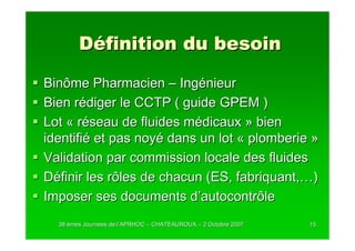 Définition du besoin

Binôme Pharmacien – Ingénieur
Bien rédiger le CCTP ( guide GPEM )
Lot « réseau de fluides médicaux » bien
identifié et pas noyé dans un lot « plomberie »
Validation par commission locale des fluides
Définir les rôles de chacun (ES, fabriquant,…)
Imposer ses documents d’autocontrôle
  38 èmes Journées de l’APRHOC – CHATEAUROUX – 2 Octobre 2007
          Journé      l’                                        15
 
