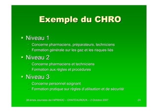 Exemple du CHRO

Niveau 1
    Concerne pharmaciens, préparateurs, techniciens
    Formation générale sur les gaz et les risques liés

Niveau 2
    Concerne pharmaciens et techniciens
    Formation aux règles et procédures

Niveau 3
    Concerne personnel soignant
    Formation pratique sur règles d’utilisation et de sécurité

38 èmes Journées de l’APRHOC – CHATEAUROUX – 2 Octobre 2007
        Journé      l’                                           24
 