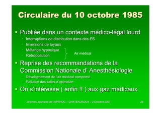 Circulaire du 10 octobre 1985

Publiée dans un contexte médico-légal lourd
  Interruptions de distribution dans des ES
  Inversions de tuyaux
  Mélange hypoxique
                                 Air médical
  Rétropollution

Reprise des recommandations de la
Commission Nationale d’ Anesthésiologie
  Développement de l’air médical comprimé
  Pollution des salles d’opération

On s’intéresse ( enfin !! ) aux gaz médicaux
  38 èmes Journées de l’APRHOC – CHATEAUROUX – 2 Octobre 2007
          Journé      l’                                        26
 