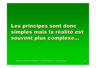 Les principes sont donc
simples mais la réalité est
souvent plus complexe…



 38 èmes Journées de l’APRHOC – CHATEAUROUX – 2 Octobre 2007
         Journé      l’                                        8
 