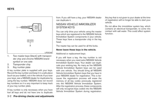 KEYS


                                                         from. If you still have a key, your NISSAN dealer   Any key that is not given to your dealer at the time
                                                         can duplicate it.                                   of registration will no longer be able to start your
                                                                                                             vehicle.
                                                         NISSAN VEHICLE IMMOBILIZER
                                                                                                             Do not allow the immobilizer system key, which
                                                         SYSTEM KEYS                                         contains an electrical transponder, to come into
                                                         You can only drive your vehicle using the master    contact with salt water. This could affect system
                                                         keys which are registered to the NISSAN Vehicle     function.
                                                         Immobilizer System components in your vehicle.
                                                         These keys have a transponder chip in the key
                                                         head.
                                                         The master key can be used for all the locks.
                                                         Never leave these keys in the vehicle.
                                            LPD0348
                                                         Additional or replacement keys:
1.    Two master keys (black) with transpon-
                                                         If you still have a key, the key number is not
      der chip and chrome NISSAN brand
                                                         necessary when you need extra NISSAN Vehicle
      symbol on one side                                 Immobilizer System keys. Your dealer can dupli-
2.    Transponder chip                                   cate your existing key. As many as five NISSAN
3.    Key number plate                                   Vehicle Immobilizer System keys can be used
A key number plate is supplied with your keys.           with one vehicle. You should bring all NISSAN
Record the key number and keep it in a safe place        Vehicle Immobilizer System keys that you have to
(such as your wallet), not in the vehicle. If you lose   your NISSAN dealer for registration. This is be-
your keys, see a NISSAN dealer for duplicates by         cause the registration process will erase the
using the key number. NISSAN does not record             memory of all key codes previously registered
key numbers so it is very important to keep track        into the NISSAN Vehicle Immobilizer System.
of your key number plate.                                After the registration process, these components
                                                         will only recognize keys coded into the NISSAN
A key number is only necessary when you have
                                                         Vehicle Immobilizer System during registration.
lost all keys and do not have one to duplicate
3-2 Pre-driving checks and adjustments




                                                                                      ੬ REVIEW COPY—2007 Versa (vrs)
                                                                                      Owners Manual—USA_English (nna)
                                                                                      06/05/06—cathy ੭
 